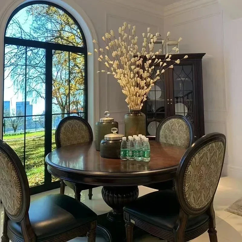 American Rural Solid Wood Retro Carved Round Table Small Apartment Restaurant Six People Dining Hotel