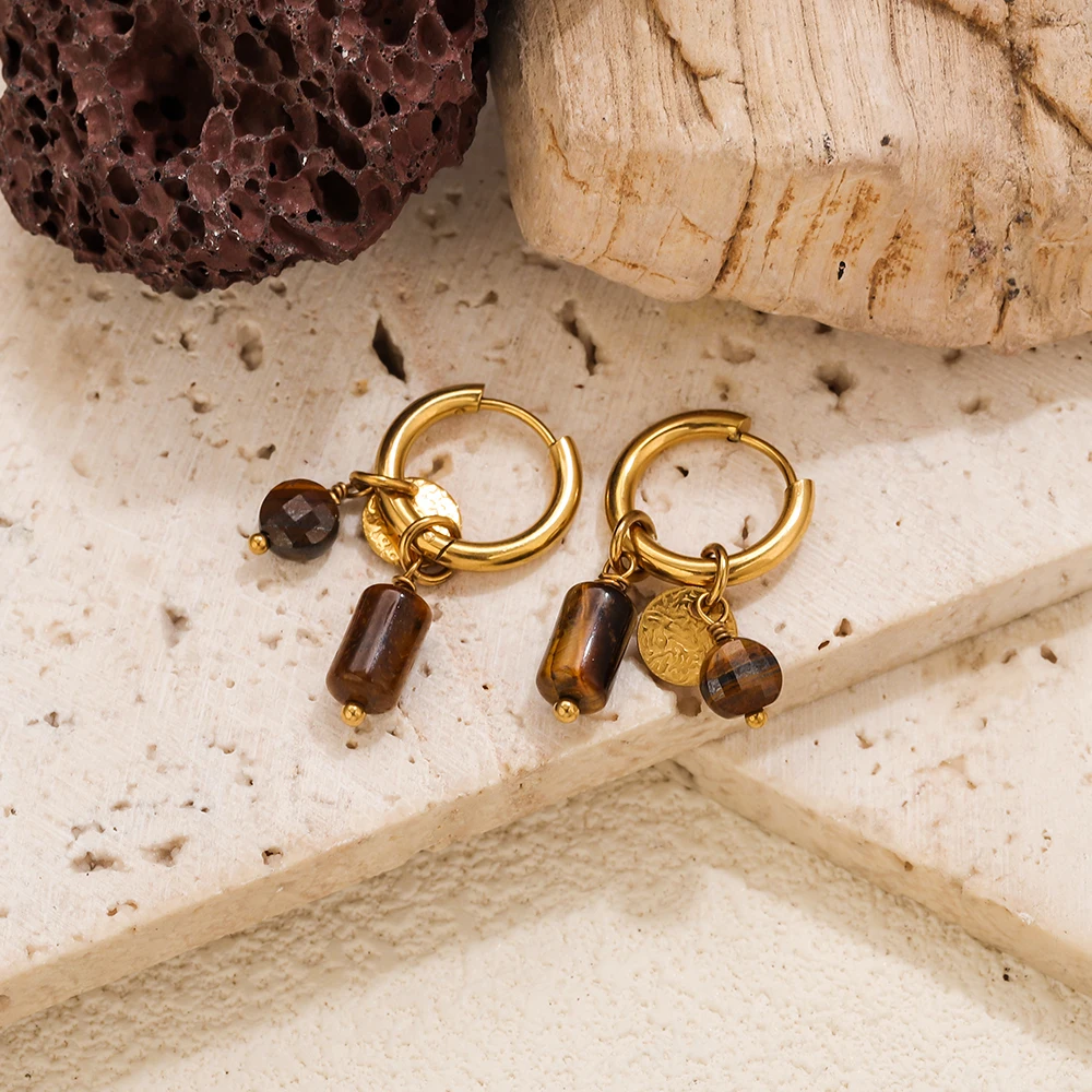 AURORA Böhmische Tigerauge Naturstein Charm Creolen für Damen Vintage Alltag Edelstahl Schmuck Accessoires – Detail 4