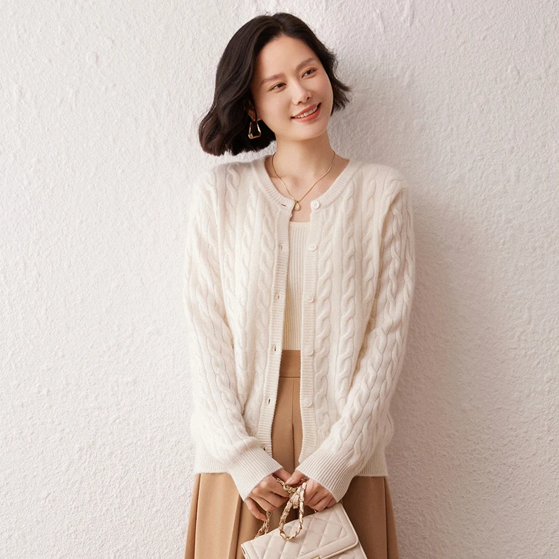 

100% Pure Cashmere Cardigan for Women, Pink Round Neck Cable Knit Pullover Sweater, Lazy Style Knitted Base Shirt, Outerwear