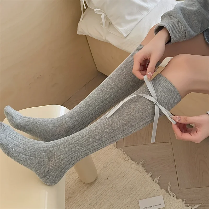 Long Women's Socks High Quality Solid Color Bow Sweet Knee High Socks Femme Brew Thin Soft Cute Ladies Stockings Striped Comfy