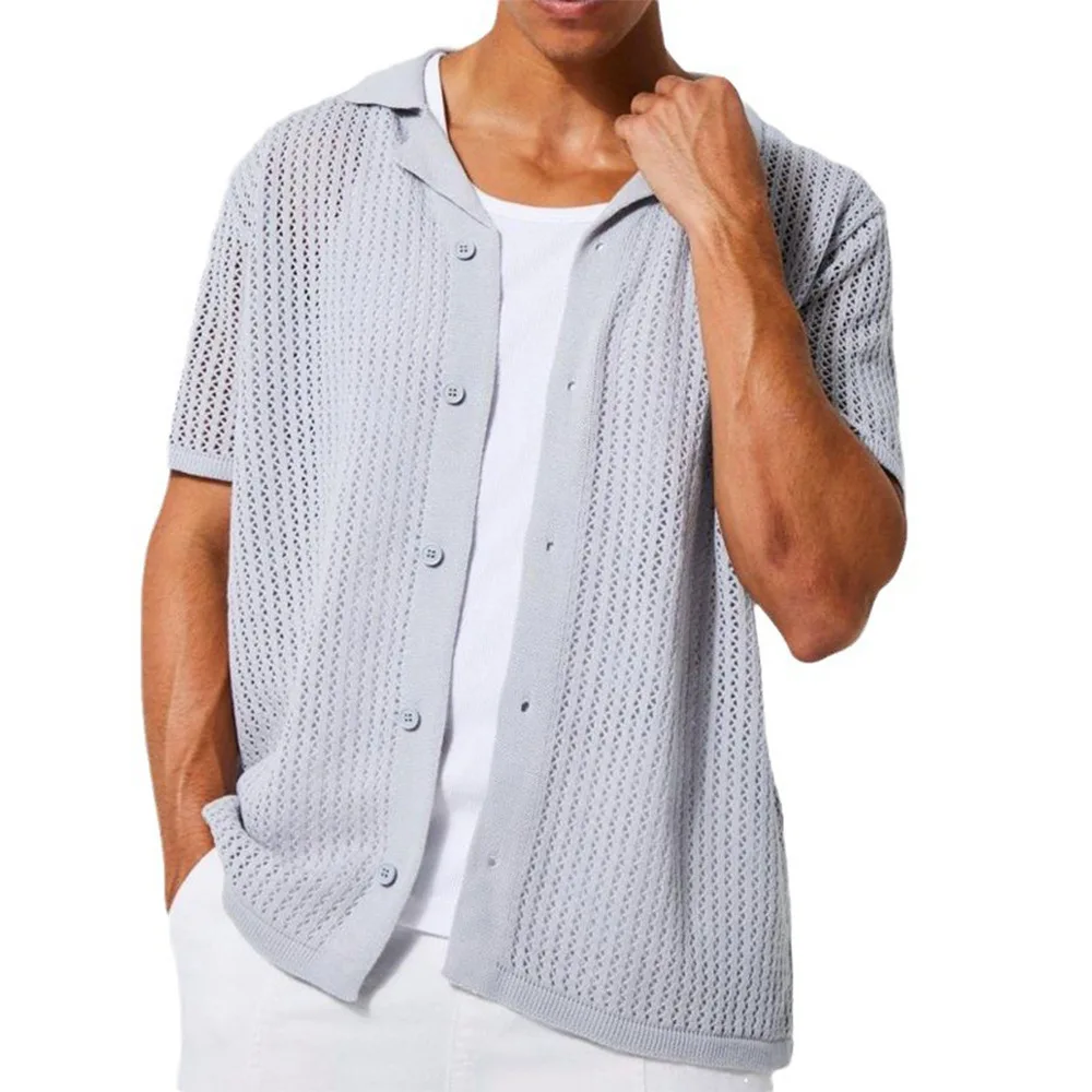 Mens Fashion Knitted Cardigan Summer Cool Hollow out Top Short Sleeve Shirt Lapel Button Loose Men\'s Knit Tshirt