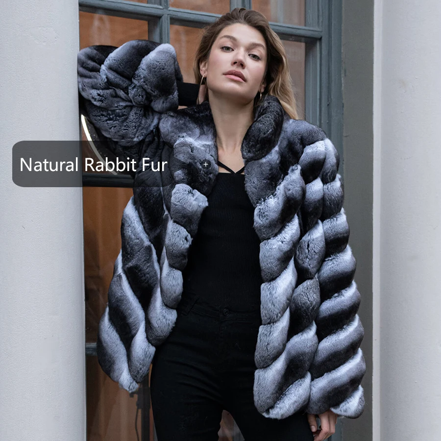 Chaqueta de piel de conejo Real para mujer, ropa de invierno, chaqueta cálida de cuello alto, chaqueta de lujo de alta calidad