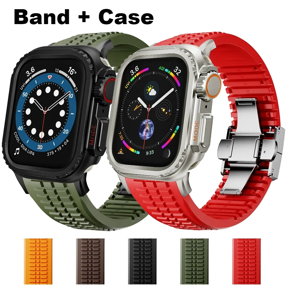 

Чехол + ремешок для Apple Watch Ultra 2 49 мм 46 мм 45 Металлический чехол из нержавеющей стали Силиконовый спортивный браслет для серии 11 6 5 10 9 Ремешок