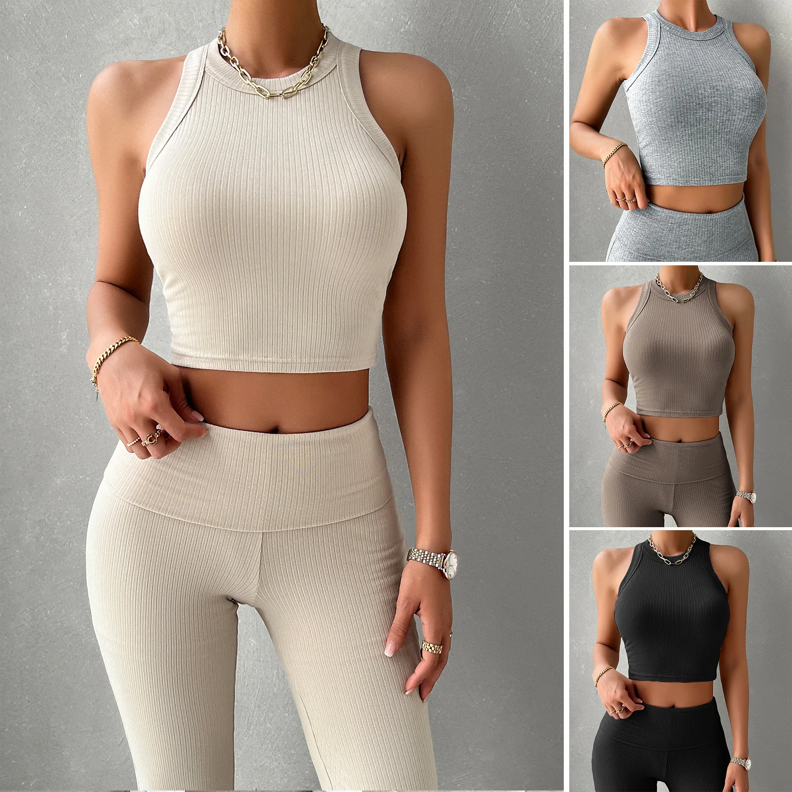 

Women's summer casual basic tight fitting vest sleeveless off shoulder sexy exposed navel sports casual set