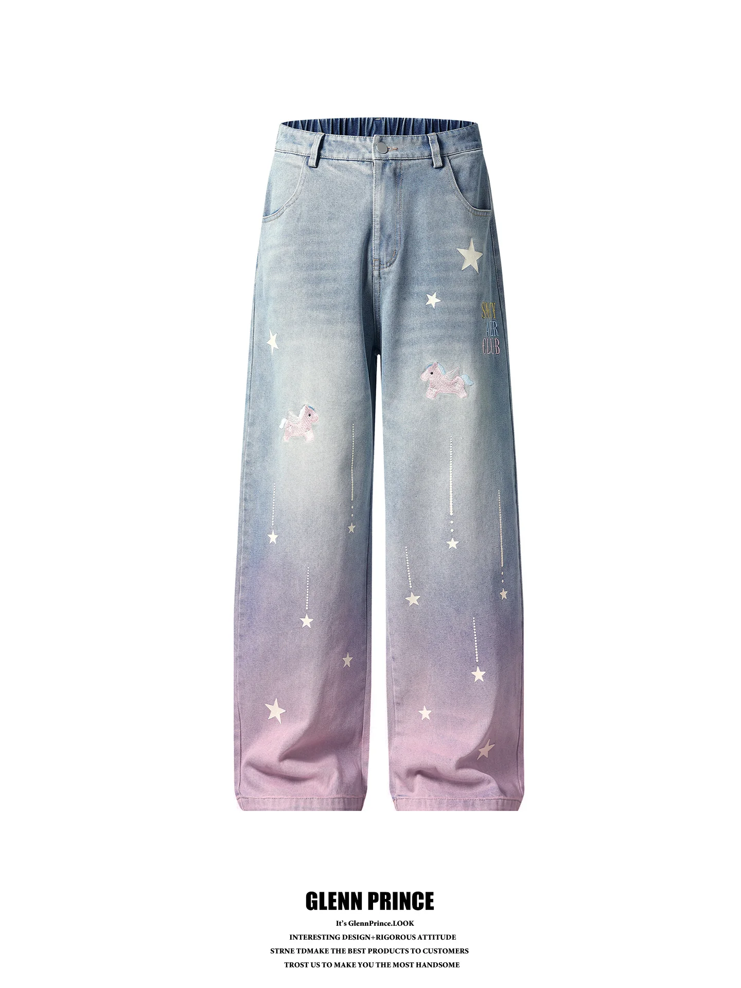 

Unisex Gradient Meteor Unicorn Embroidered Jeans Loose Straight Leg Cotton Polyester Blend Casual Jeans Youth Fashion