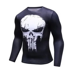 Superhero Punisher Long Sleeve Sport T Shirt Workout 3D Compression Quick Dry Training Men's Running Gym Fitness Top Rashgard