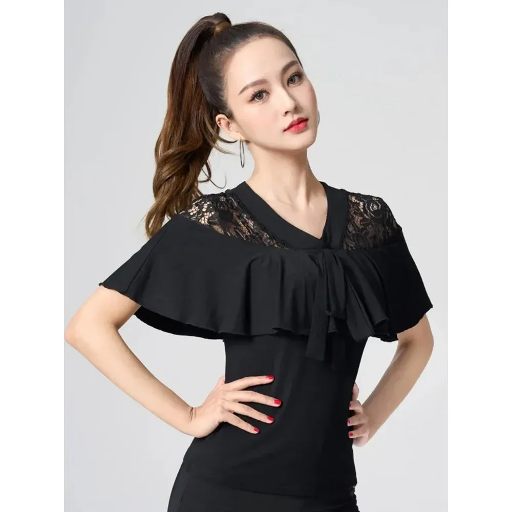 Traje de baile latino de retazos de encaje para mujer, Tops de Vals, ropa de Tango moderna para adultos, ropa de noche de manga corta de Color sólido para baile de graduación y vientre