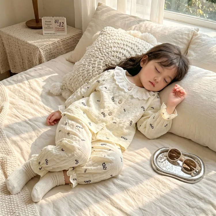 Sommer Frühling Herbst Mädchen Elegante Spitzen-Pyjama-Sets Kinder Atmungsaktive Bequeme Langarm-Hauskleidung Sets Kinder-Schlafanzüge – Detail 26