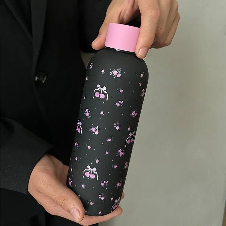 2024 New Cherry Black Stainless Steel Insulated Cup with Pink Lid - Stylish High-Capacity Water Bottle for Women