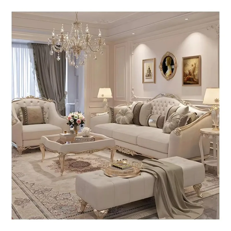 French Palace Solid Wood Carved Fabric Sofa Set Furniture European Retro Living Room Luxury Sectional Sofa Couch