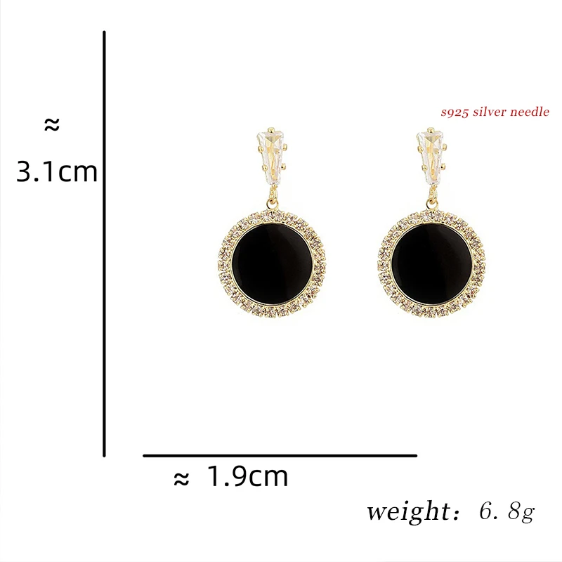 Womens Stud 925 Silver Needle Glitter Earrings for Women Black Glaze Crystal Earrings Drop Round Wedding Engagement Ornaments