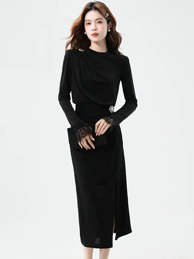 2025 negro de manga larga Chic diamantes plisado ceñido vestido largo mujeres Vintage Hepburn ropa de graduación Otoño Invierno Vestidos elegantes