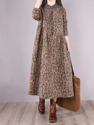 

Осенне-зимняя повседневная художественная длинная юбка из смесового хлопка и льна с цветочным принтом, свободного кроя, теплая, с воротником, средней талией, А-силуэт