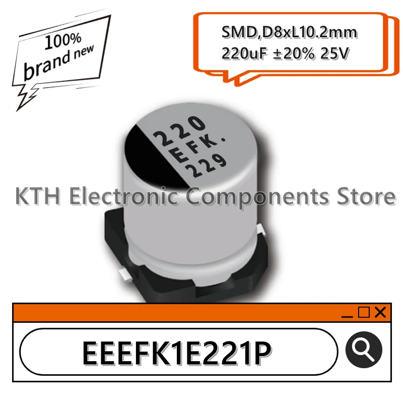 オリジナルのsmdアルミ電解コンデンサ、スクリーン印刷、eefk1e221p、EEE-FK1E221P、220uf、25v、8x10.2mm、10個、新しい