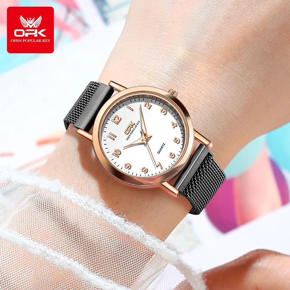 OPK 8115 Women\'s Watches Simple Fashion Oirginal Wristwatch for Female Stainless Steel Mesh Strap Waterproof Luminous Reloj