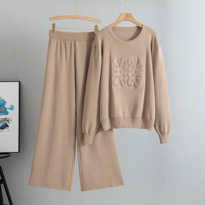 New Korean Knitted Sweatshirts 2 Piece Sets Women Casual Knitwear Hooded Pullover Tops Ensembles High Waist Straight Pants Suits