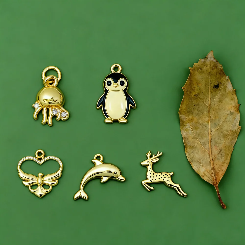 3Pcs Pendants Brass Animal Charm for DIY Jewelry Necklace Bracelet Making Unique Deer Jellyfish Penguin Dolphin Bird accessories