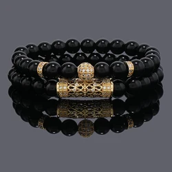 Luxury Natural Black Stone Beaded Man Bracelet For Women CZ Ball Chain Charms Jewelry Set