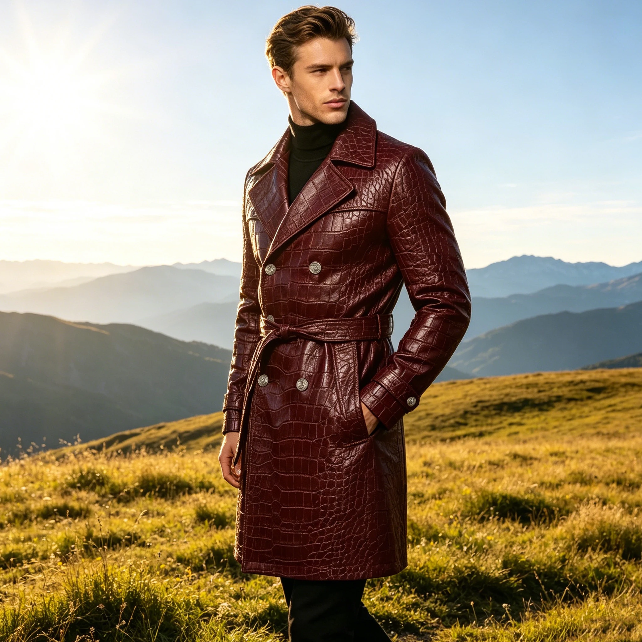 Men's Crocodile Leather Trench Coat Blazer Double Breasted Belted Mid-Length Peak Lapel Overcoat Luxury Business Casual Jacket