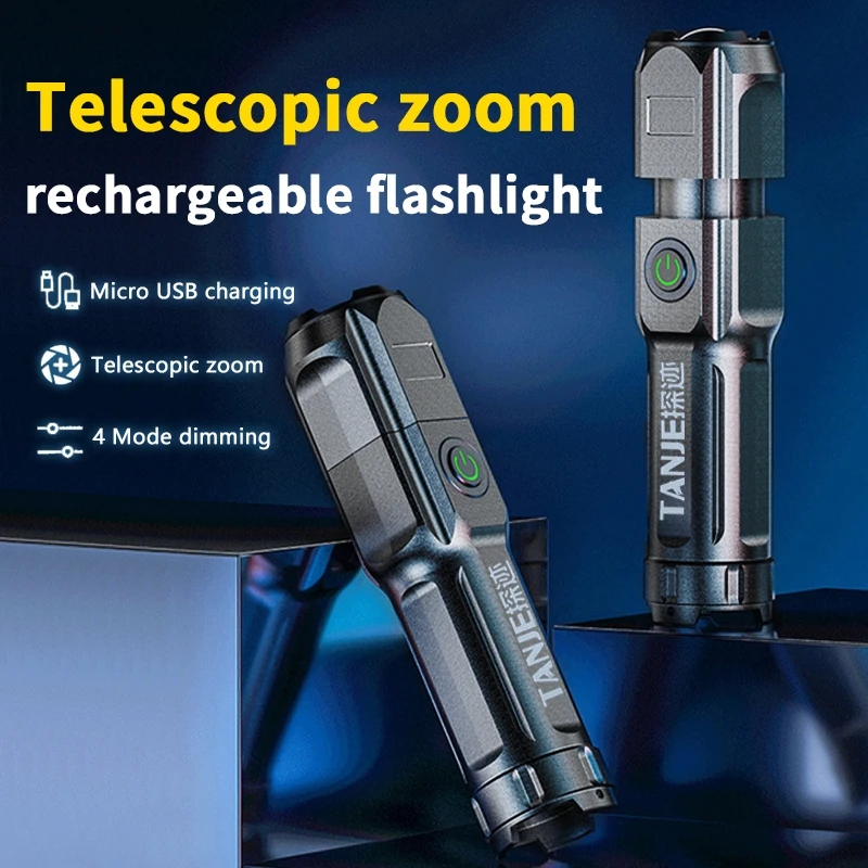 Lanterna LED super brilhante recarregável à prova d'água com alça ABS de plástico Li-Ion Bateria