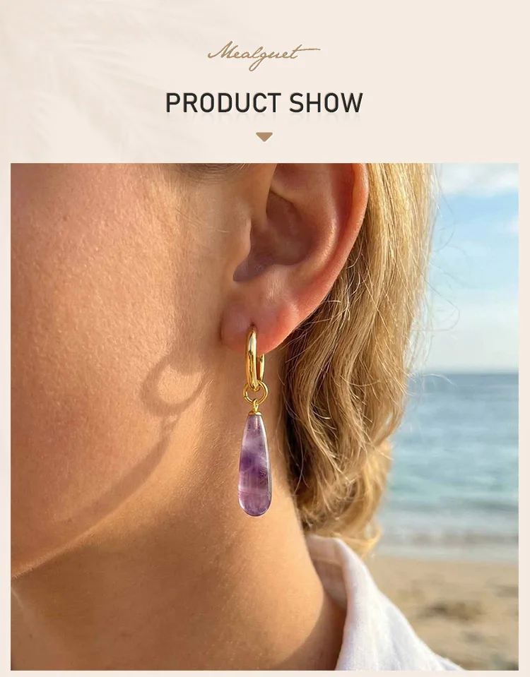 Natürliche Stein-Tropfenohrringe 18k Vergoldeter Edelstahl Tränenförmiger Amethyst Tigerauge Rosenquarz Schmuck Nickelfrei – Detail 1