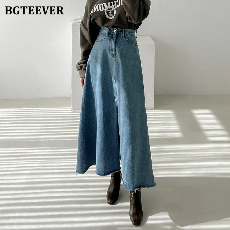 BGTEEVER Spring Summer Pocket Ladies A-line Jeans Skirts High Waist Loose Single Button Split Women Denim Skirts