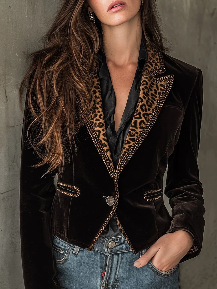 Elegant Velvet Satin Leopard Lapels Women's Autumn Outerwear Jacket Single Buckle Multiple Pockets Fashion Female Blazer Jacket