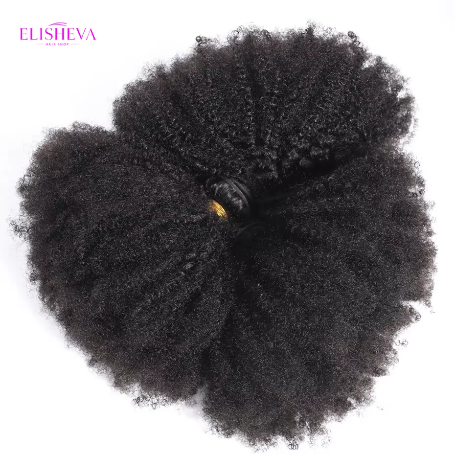 ELISHEVA Raw Indian  Human Hair Weave Bundles 1/3/4 Bundle Deal Afro Kinky Curly Bundles Natural /Jet Black Remy Wavy Extensions