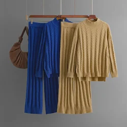 HLBCBG Warm Winter Casual Twist 2PC Sets Women Half-High Collar Loose Tops+High Waist Wide Legs Long Pants Chic Sweater Suits