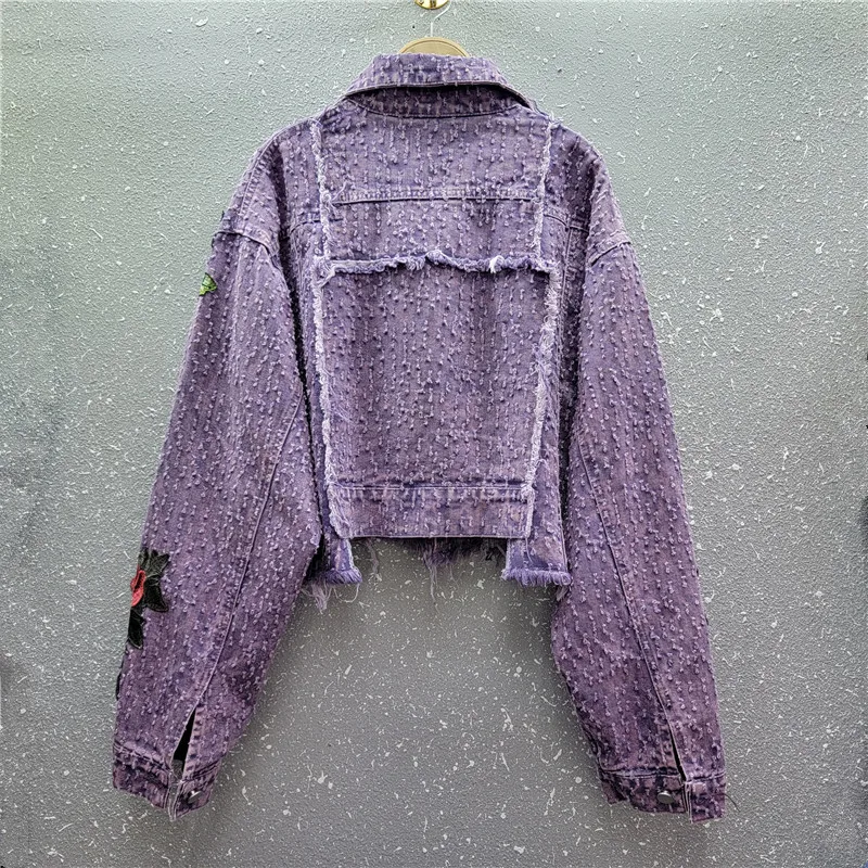 Embroidery Flower Purple Denim Jacket Women Casual Loose Short Cowboy Outwear Spring Autumn Hem Frayed Jeans Jacket Coat Female