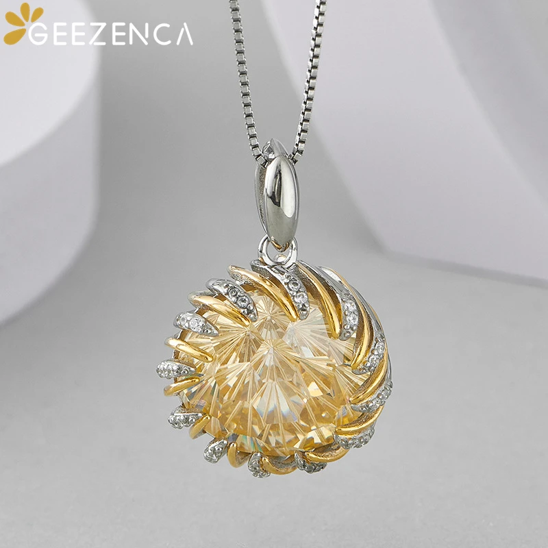 

GEEZENCA 925 Sterling Silver Yellow Zircon Round Pendant For Women Geometric Chic Necklace Pendants Without Chain 2024 New Gift