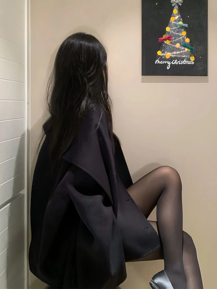 

Wool Blend Coats Womens Woolen Coat Black Women Autumn Wool-Blend Color-Blocked Adjustable Elastic Waist Sided Snap Closure Chic