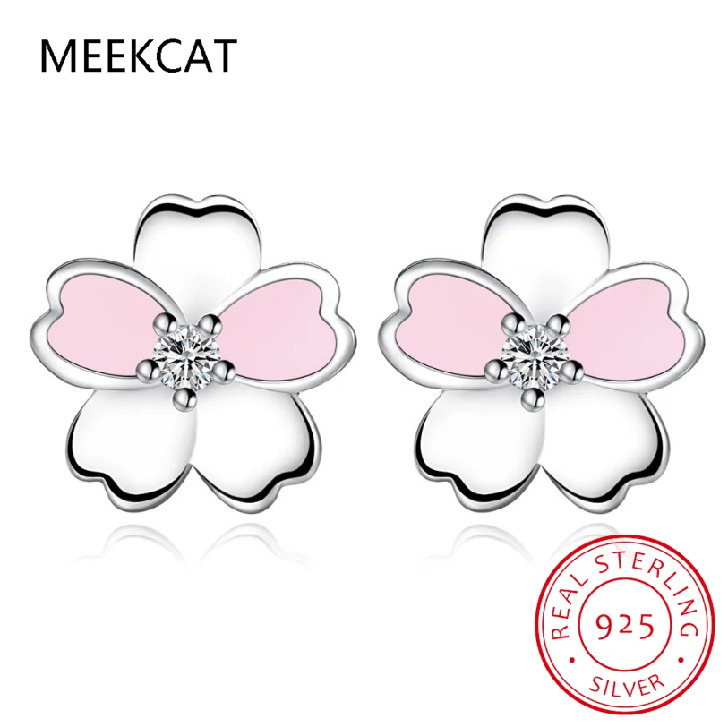 Pink Enamel Cherry Blossom Earrings 925 Sterling Silver CZ Flower Stud Earrings Platinum Plated for Women Girls SCE1673