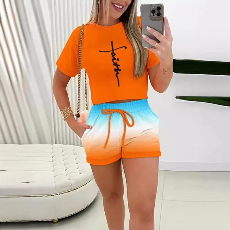 

Summer Short T Shirt 2 Piece Sets Women Outfit Women Fashion Crop Top And Shorts Two Piece Set Casual Print New In Matching Sets