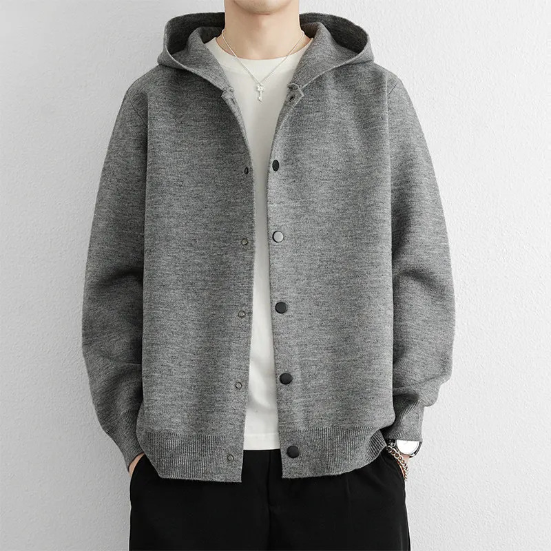

New Men's Hooded Open Cardigan Sweater Casual Knitted Warmth Outerwear Simple Loose Fit M Apparel Button Detail