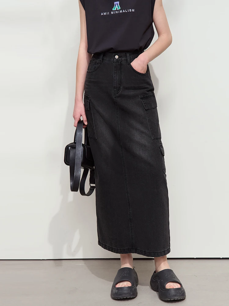 

AMII Minimalist Denim Skirts Woman 2025 Autumn New Casual Vintage Workwear Half-body Skirt H-Line Cotton Woman Clothes 12521074