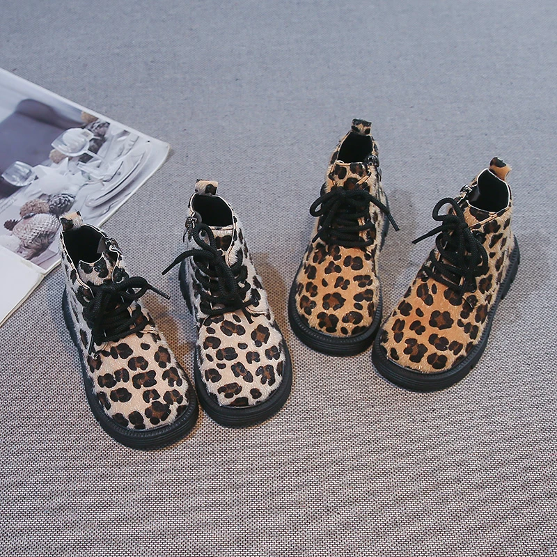 Girls Short Boots Leopard Print Chic Kids Ankle Boots Round Toes Soft Sole 2026 Brand New Children Leather Boots Non-slip