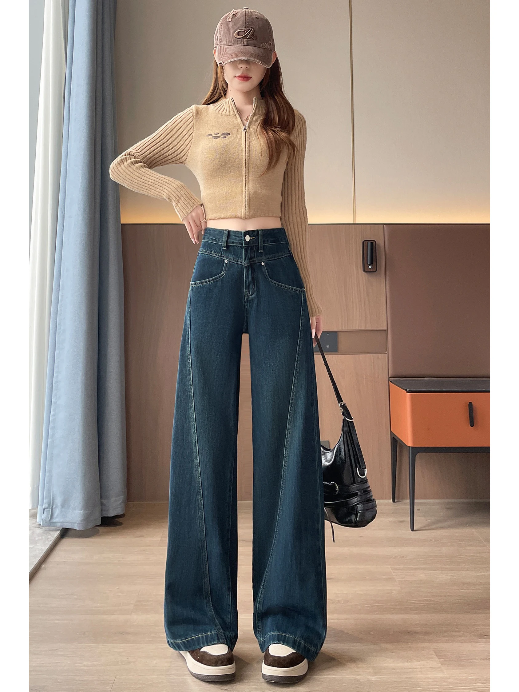 フリース素材のハイウエストジーンズ、レディースアメリカンハイストリートスタイルのストレートレッグパンツ、女の子向けブラックグレーのコントラストカラーワイドレッグトラウザーズ