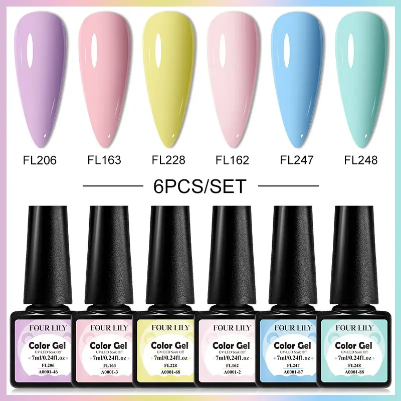 FOUR LILY 6-teiliger bunter Gel-Nagellack, rosa, rot, Macaron, Neon, langlebig, UV-LED-Gel-Nagelkunst-Lack-Set für Nägel, Maniküre