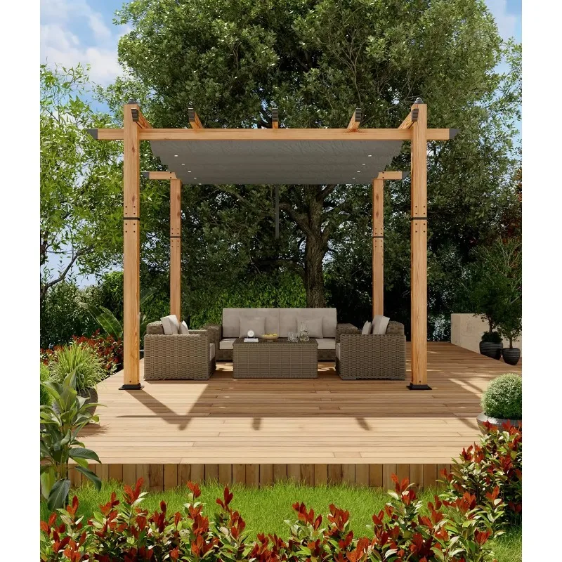 Wood-Grain Aluminum Pergola 10*10FT Outdoor Patio Gazebo with Retractable Canopy Waterproof Sun Shade Shelter for Garden