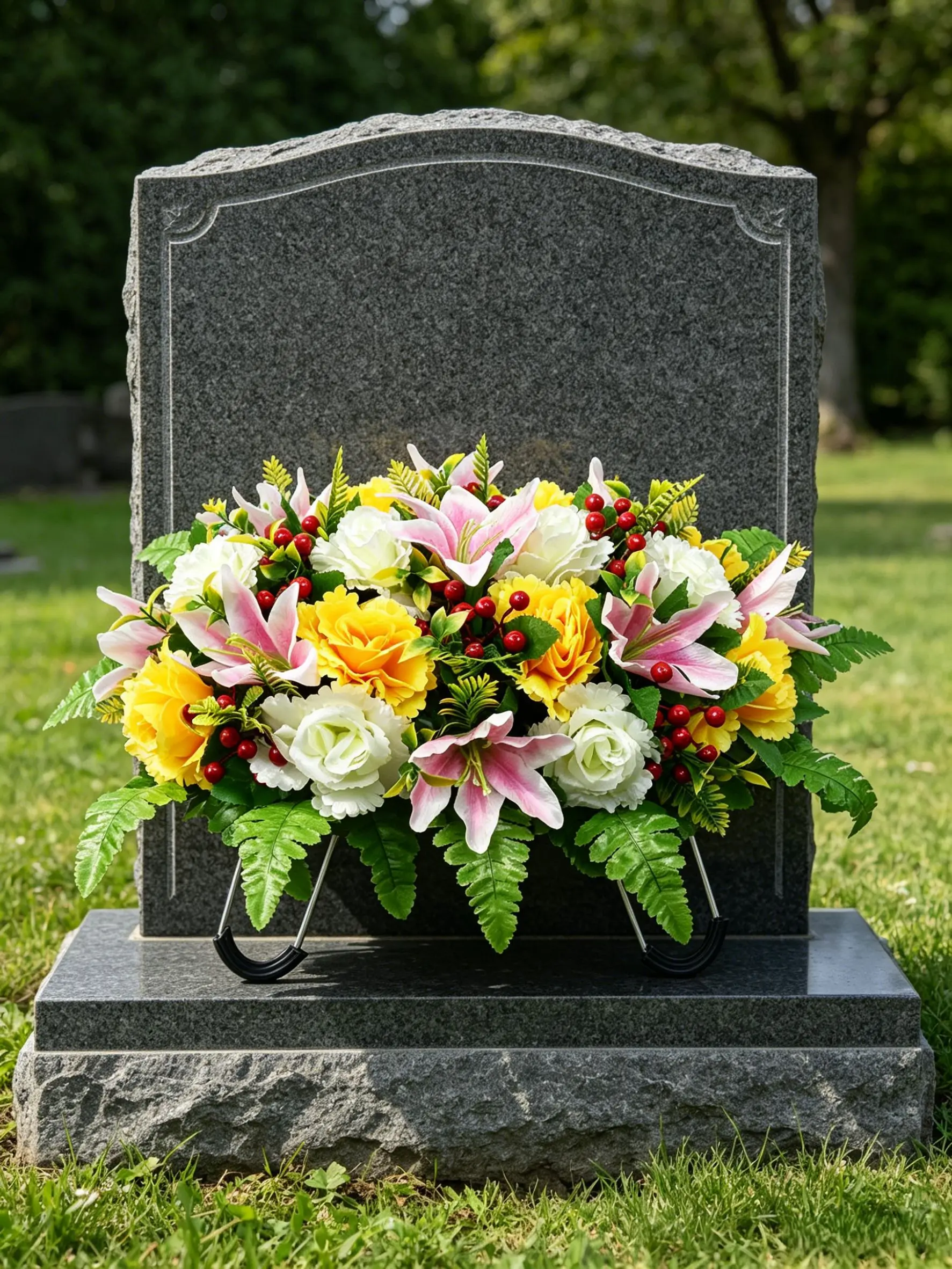 Outdoor Cemetery Floral Saddle with UV Protection Silk Flowers White Lilies Red Roses Cream Carnations Red Berries 19.69x11.81in
