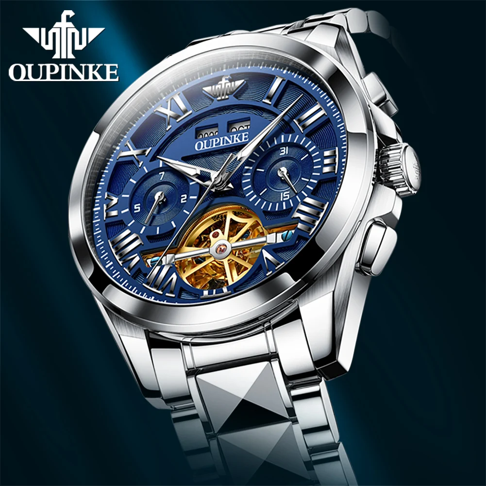 Oupinke Herren mechanische Uhr Original Skelett wasserdicht leuchtenden Saphir Wolfram Stahl Datum Automatik uhr für Herren Luxus