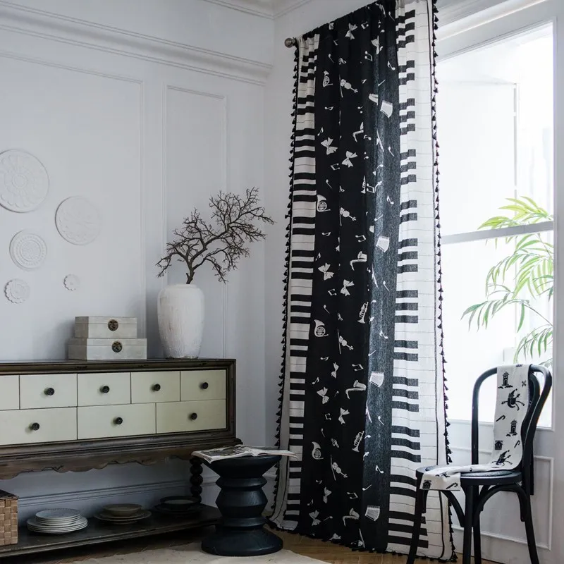 Cotton Linen black and white piano Prints Curtain Thick Blackout Black Tassel Curtains for Living Room American Retro Valance