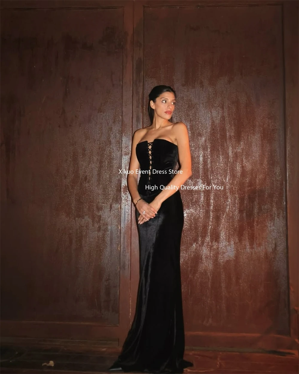 Xikuo Black Velour Floor Length Evening Dresses For Women Prom Gowns Strapless Mermaid Formal Vestido De Formatura Customized