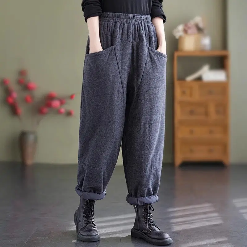 

2023 Autumn/Winter Women Cotton Pants Big Size Loose Retro Thickened Casual Warm Harem Quilted Trousers Z4190