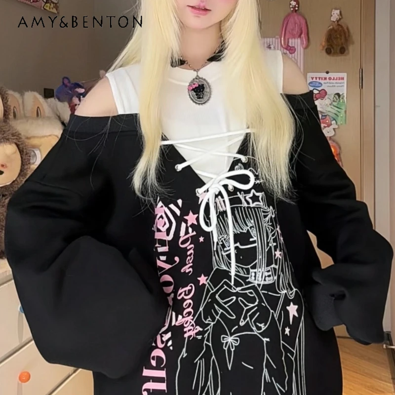 Original Design Off-Shoulder Splicing Long Sleeve Women's Pullovers 2025 Autumn New Round Neck Loose Slimming Sweatshirts Ladies