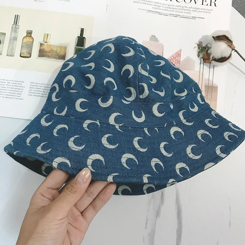 Luxury Brand Designer Moon Print Washed Denim Bucket Hat for Women Men Jean Blue Fisherman Cap Casual Sun Protection Panama Hats