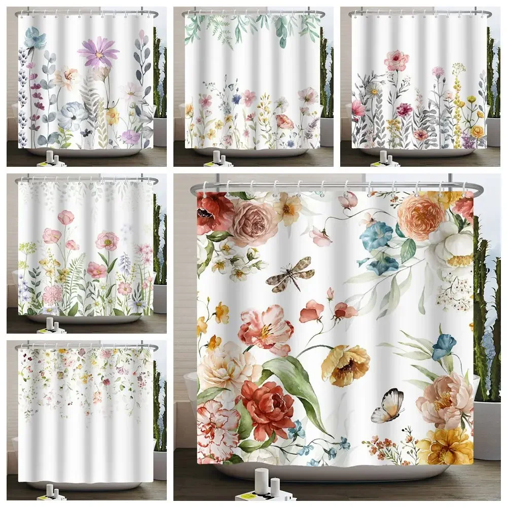 Blumen-Duschvorhang für Badezimmer, Vintage-Blumen-Schmetterling, wasserdichter Stoff, Boho-Badewanne, Badezimmer-Vorhang mit Haken, 180 x 240 cm