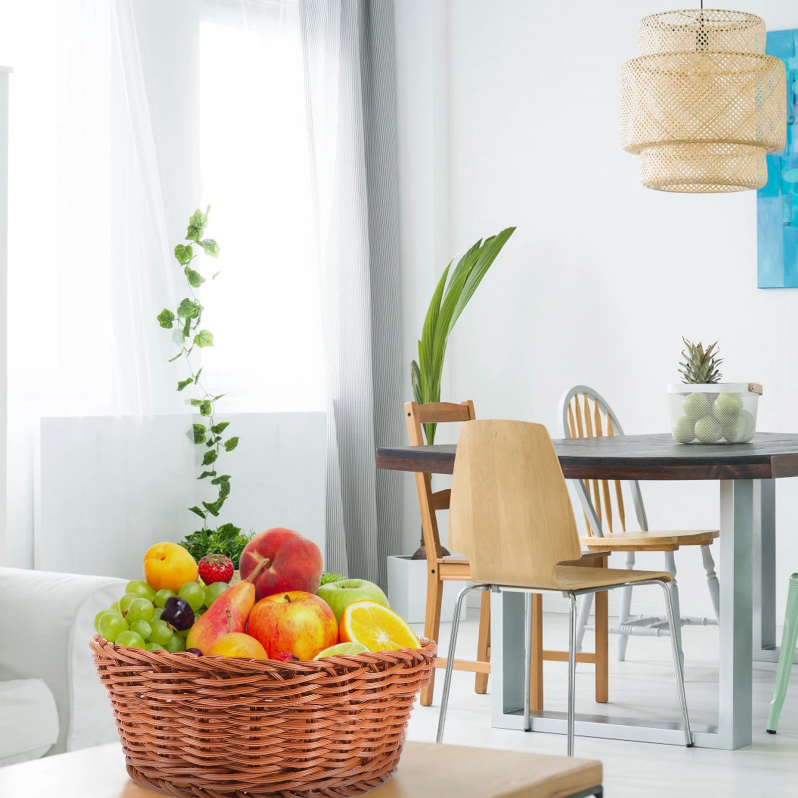 

Snack Storage Basket Food Holder Decorative PP Rattan Tray Kitchen Bedroom Hotel Premium Material Vintage Design Stable Base