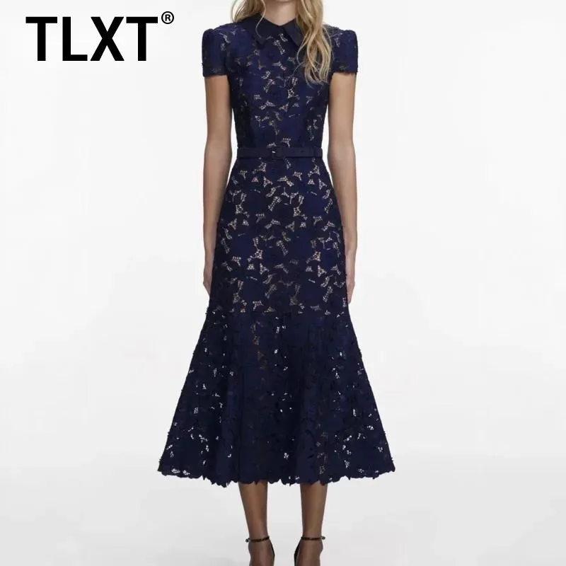 

TLXT Fashion Women's Evening Dresses Embroidered Hollow Out Slimming Lapel Short Sleeve Elegant Lace Dress 2026 Spring New